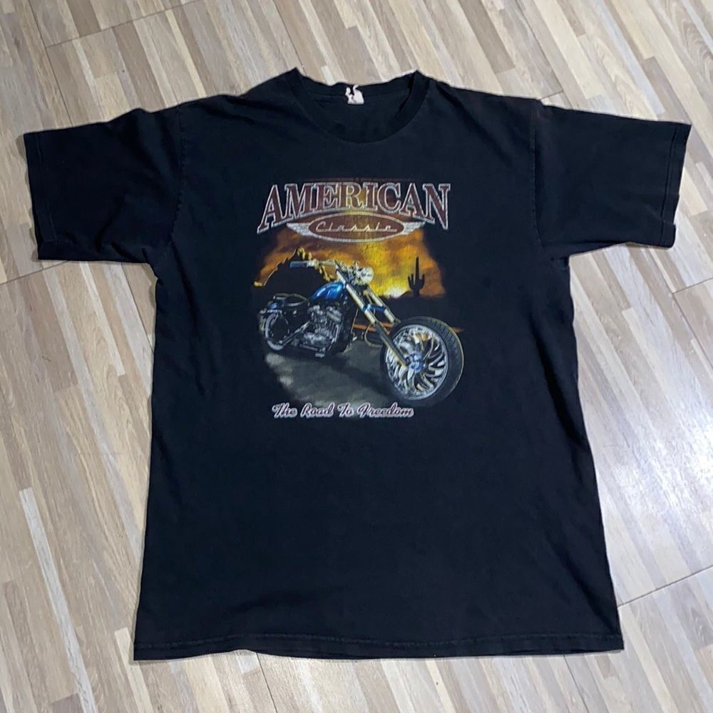 American Classic Motorcycle T Shirt Adult Shirt L Black Worn Faded USA 90s Men
